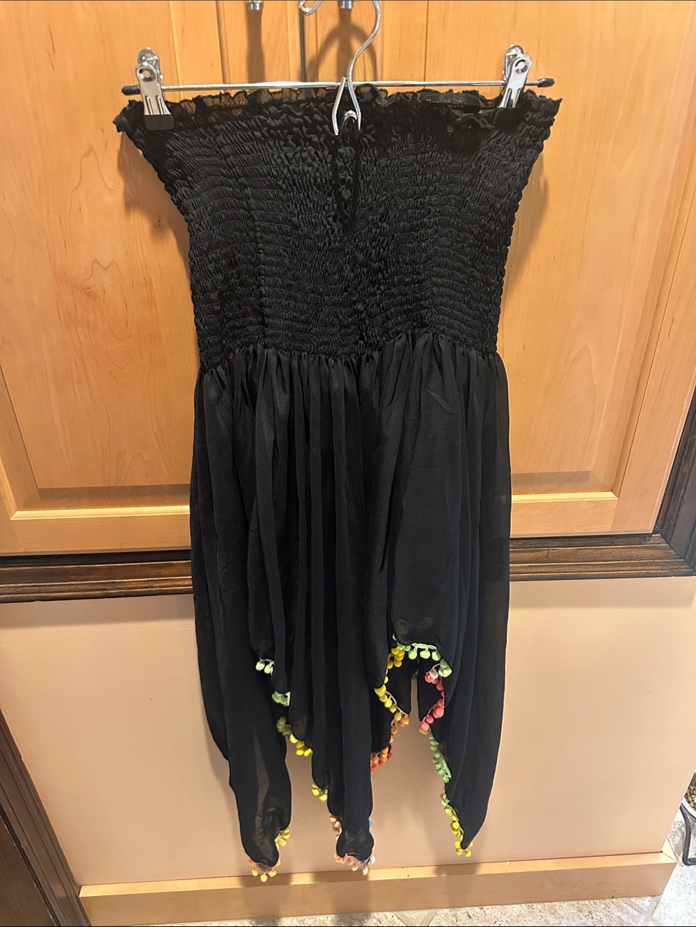 Smocked Black Women's Swim Coverup with Colorful Pom Accent